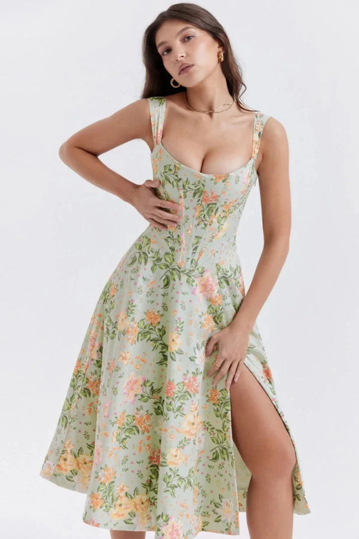 Women's Sage Floral Wedding Guest Dress – Linen Corset Midi