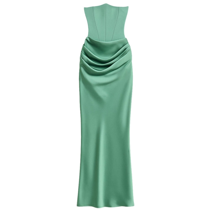 Strapless Corset Dress - Satin Ruched Maxi Wedding Guest