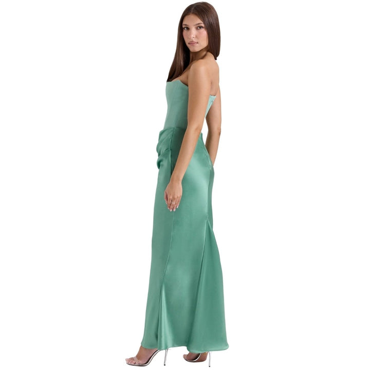 Strapless Corset Dress - Satin Ruched Maxi Wedding Guest