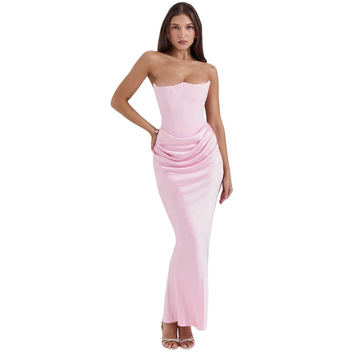 Strapless Corset Dress - Satin Ruched Maxi Wedding Guest