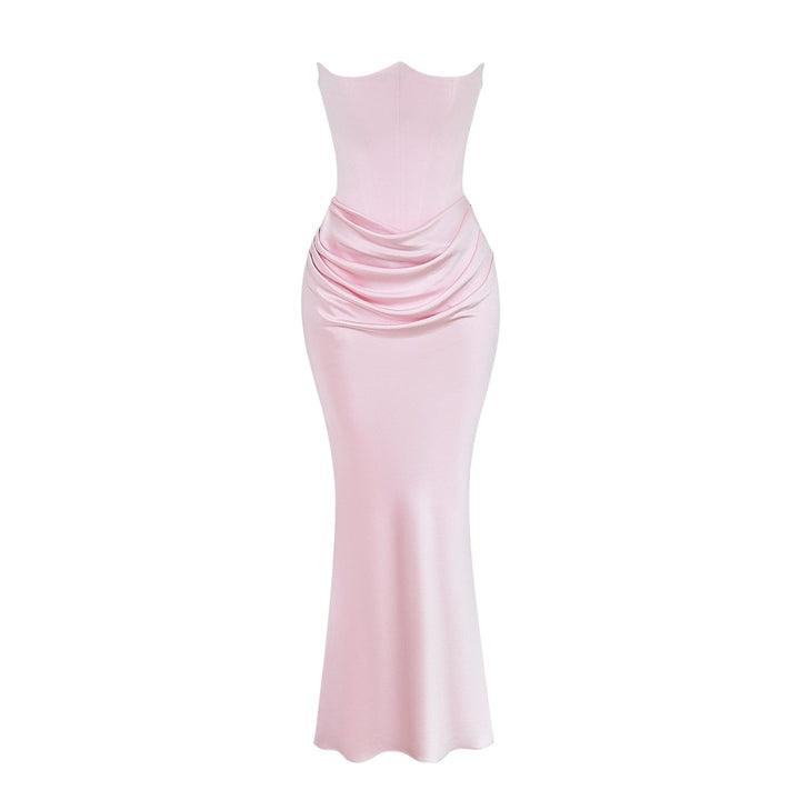 Strapless Corset Dress - Satin Ruched Maxi Wedding Guest