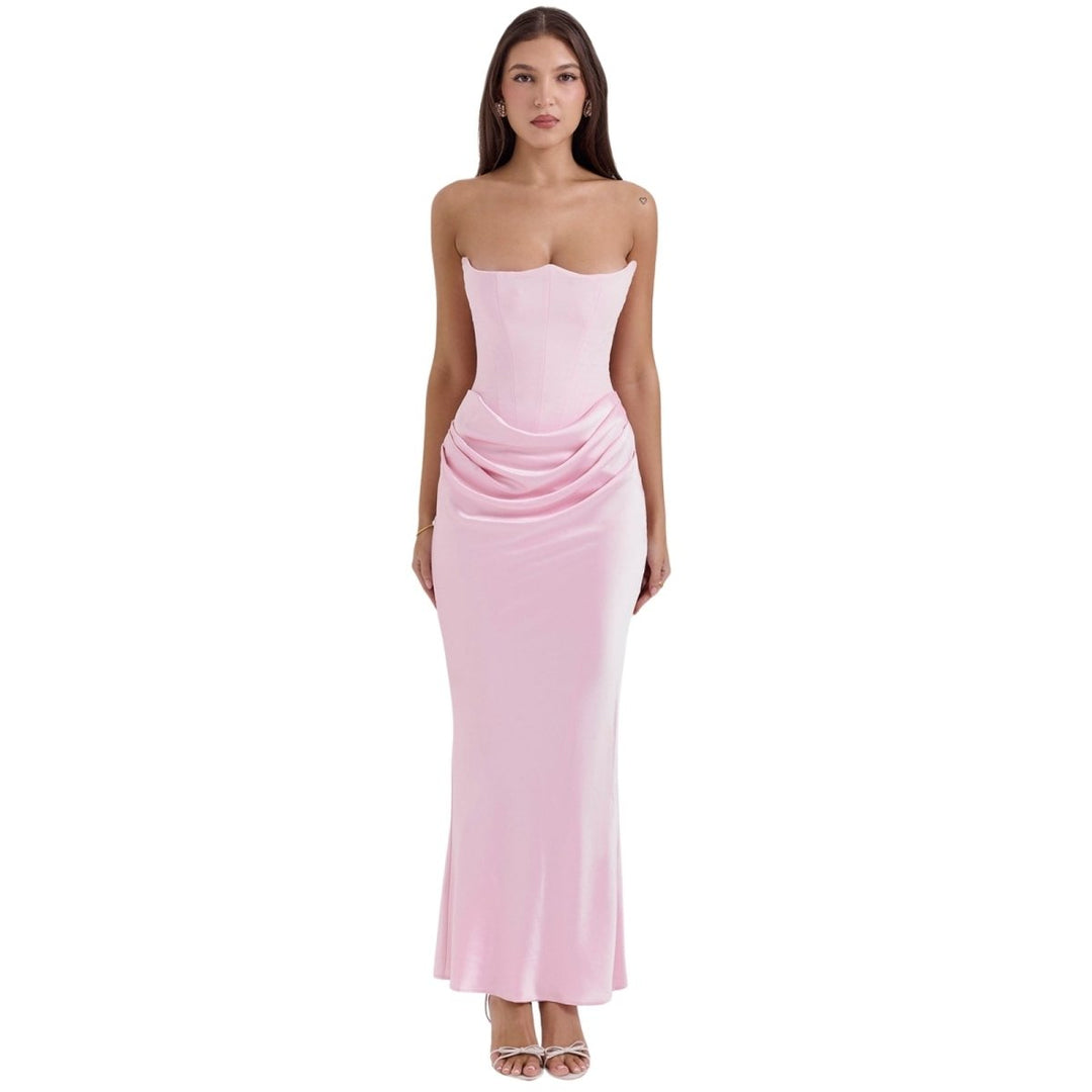 Strapless Corset Dress - Satin Ruched Maxi Wedding Guest