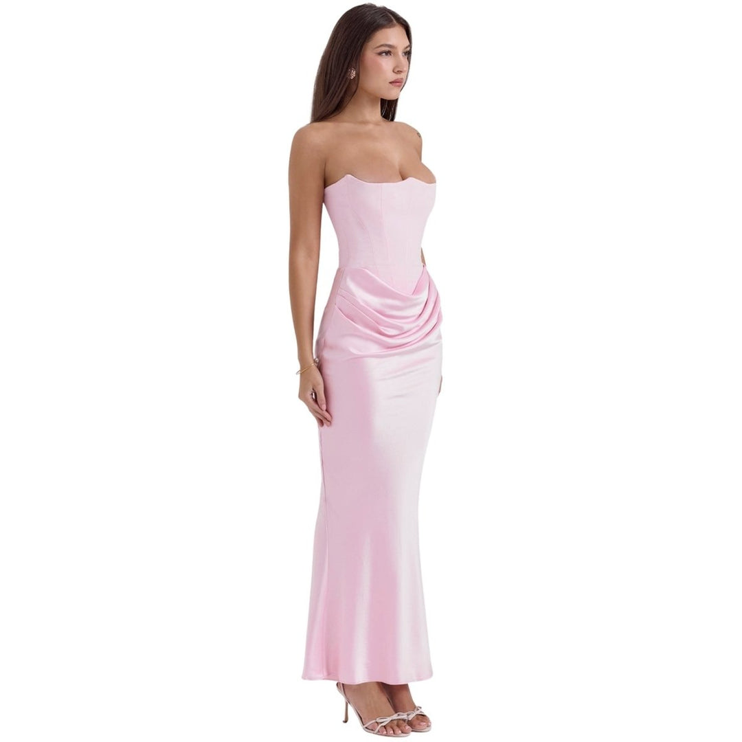 Strapless Corset Dress - Satin Ruched Maxi Wedding Guest