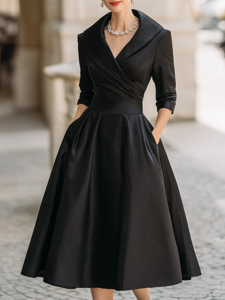 Satin A-Line Midi Dress - Wedding Guest Wrap Bodice Pockets