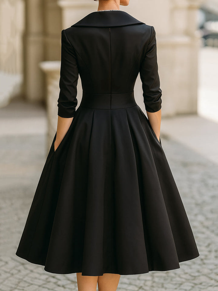 Satin A-Line Midi Dress - Wedding Guest Wrap Bodice Pockets