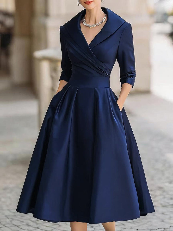 Satin A-Line Midi Dress - Wedding Guest Wrap Bodice Pockets