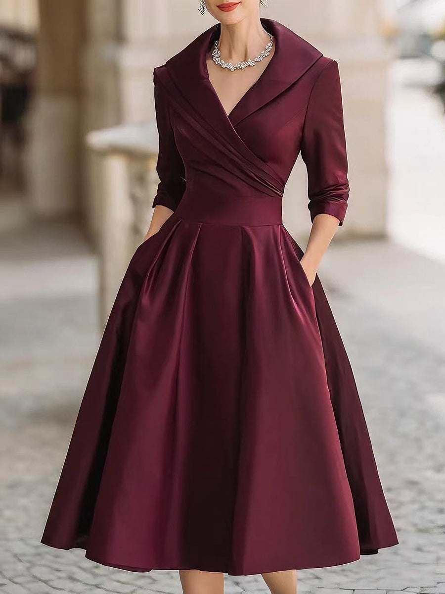 Satin A-Line Midi Dress - Wedding Guest Wrap Bodice Pockets