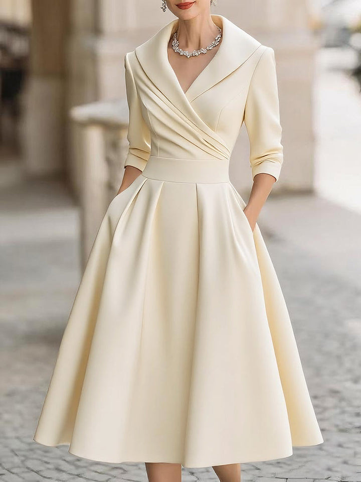 Satin A-Line Midi Dress - Wedding Guest Wrap Bodice Pockets