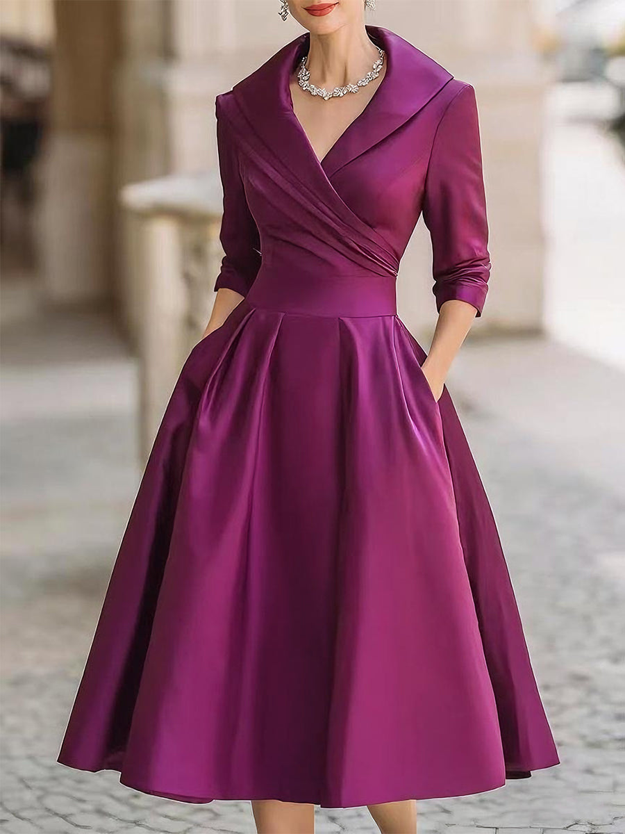 Satin A-Line Midi Dress - Wedding Guest Wrap Bodice Pockets