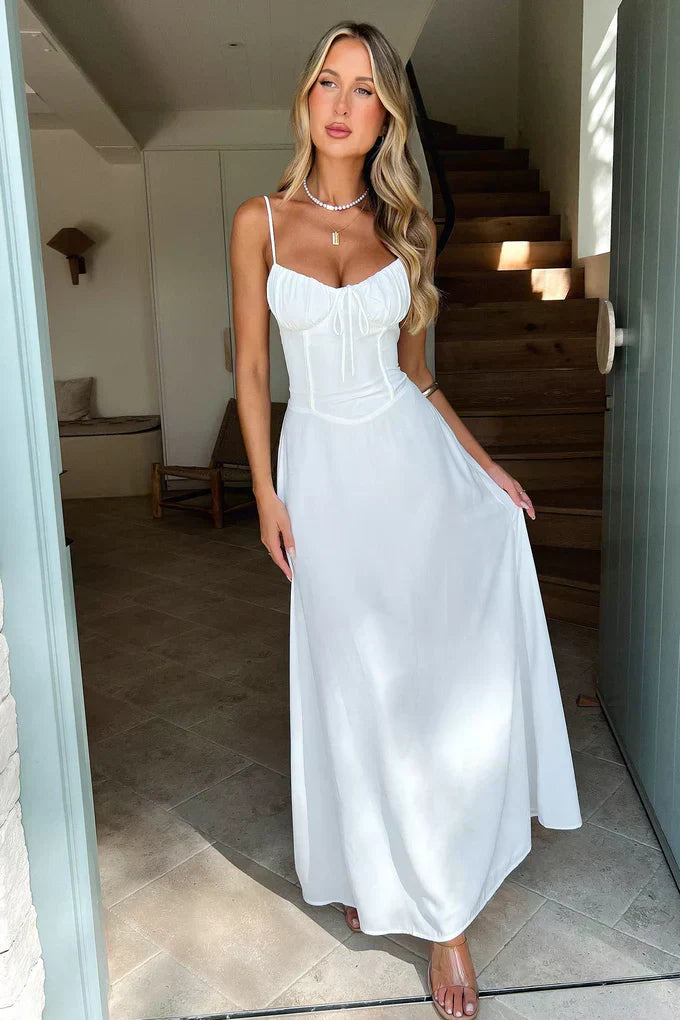 Satin Maxi Dress - Tie Front Sweetheart Wedding Guest