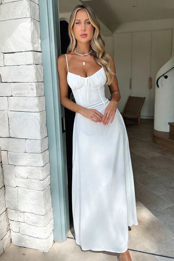Satin Maxi Dress - Tie Front Sweetheart Wedding Guest