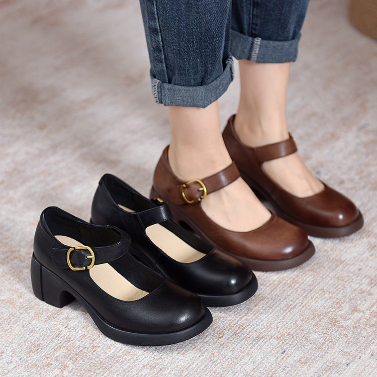 Leather Mary Jane Block Heel - Buckle Strap Round Toe Smart Casual