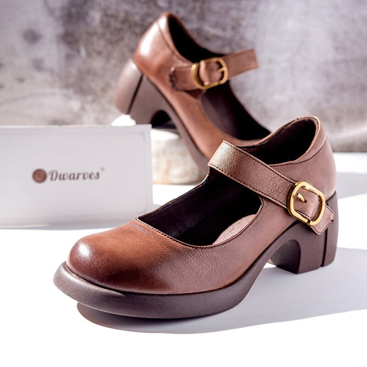 Leather Mary Jane Block Heel - Buckle Strap Round Toe Smart Casual
