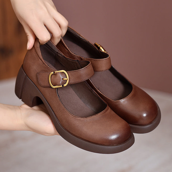 Leather Mary Jane Block Heel - Buckle Strap Round Toe Smart Casual