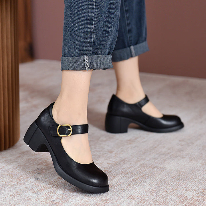 Leather Mary Jane Block Heel - Buckle Strap Round Toe Smart Casual