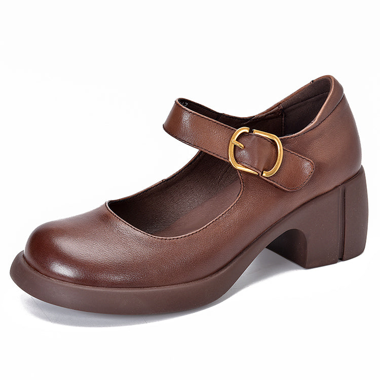 Leather Mary Jane Block Heel - Buckle Strap Round Toe Smart Casual