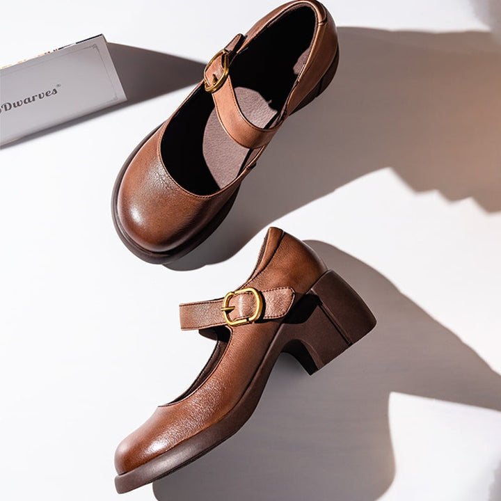 Leather Mary Jane Block Heel - Buckle Strap Round Toe Smart Casual