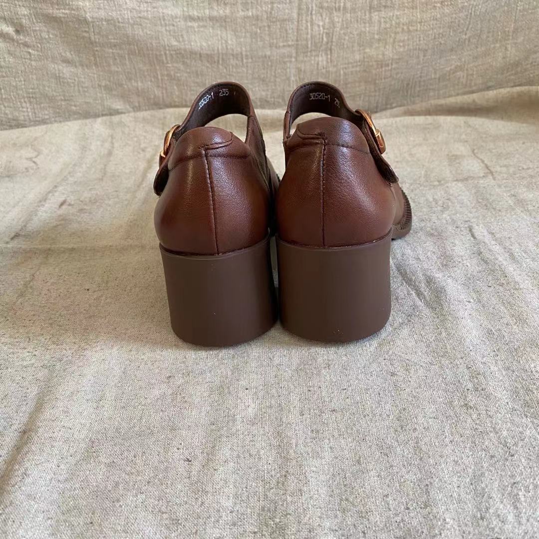 Leather Mary Jane Block Heel - Buckle Strap Round Toe Smart Casual