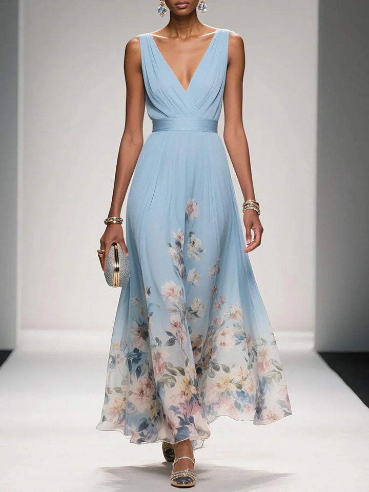 Women’s Floral Maxi Dress - V Neck Sleeveless