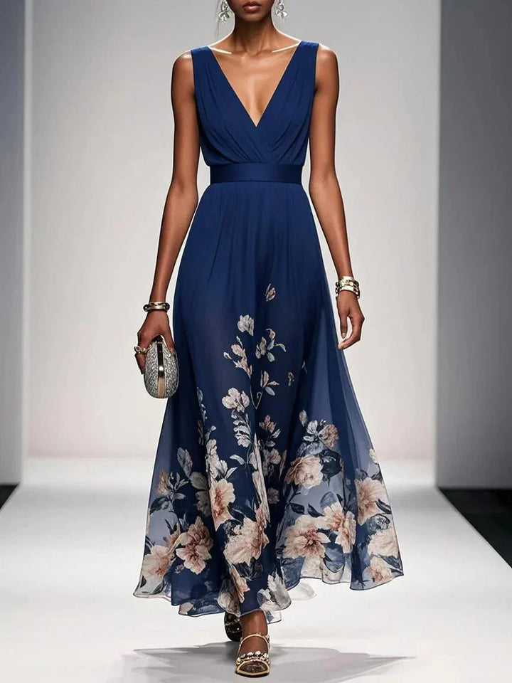 Women’s Floral Maxi Dress - V Neck Sleeveless