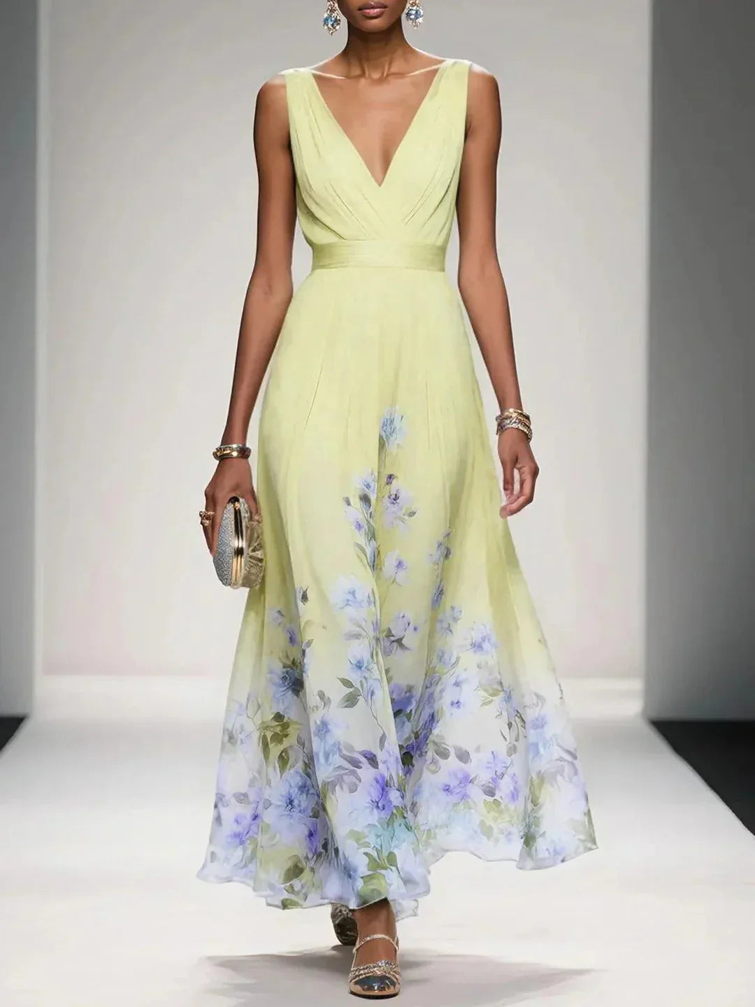 Women’s Floral Maxi Dress - V Neck Sleeveless
