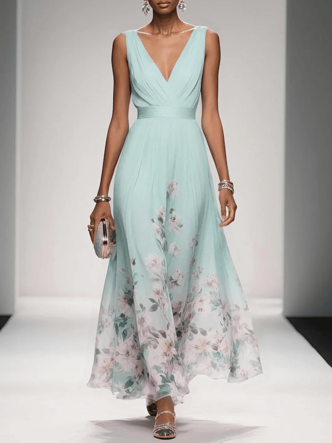 Women’s Floral Maxi Dress - V Neck Sleeveless