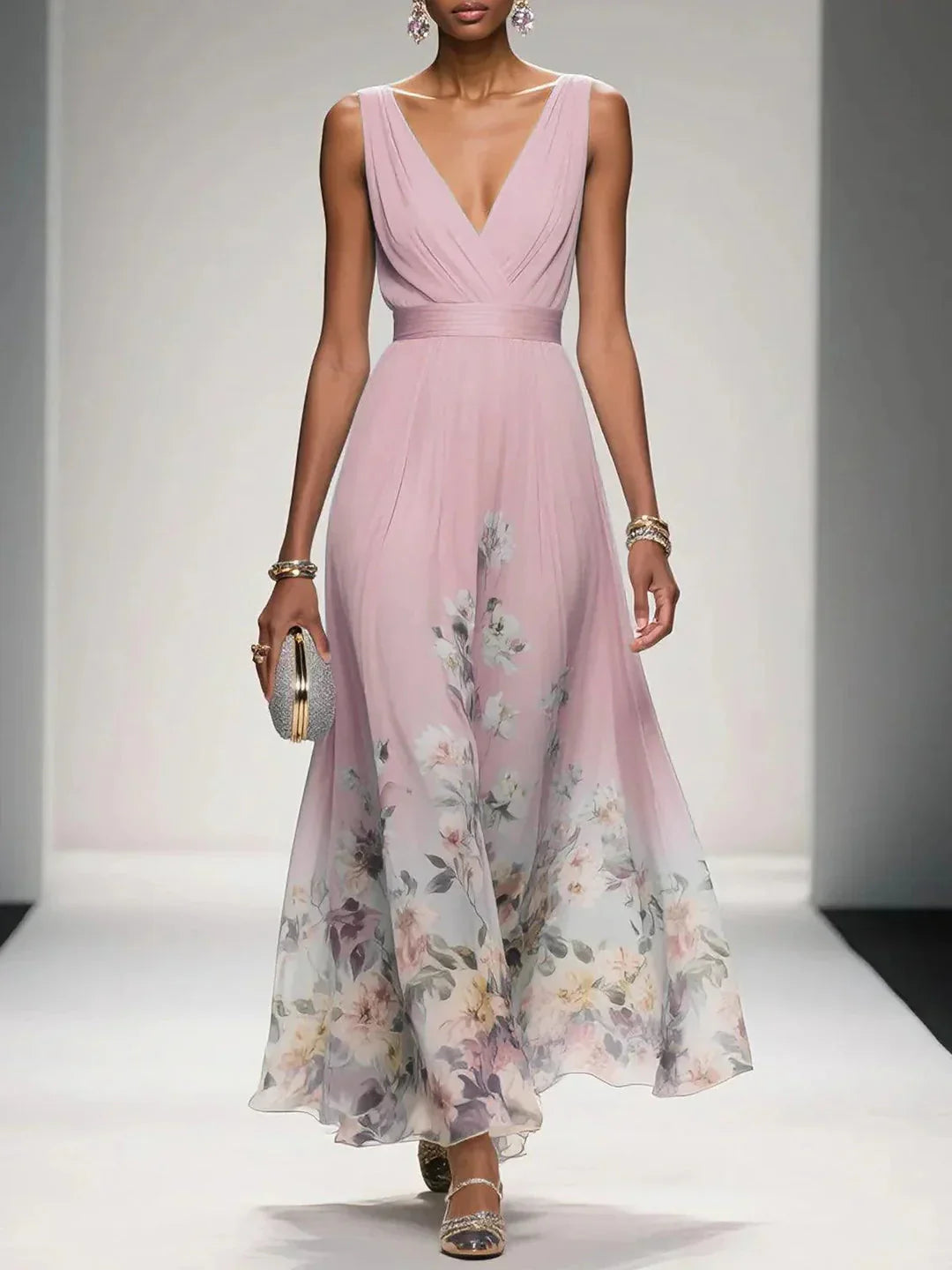 Women’s Floral Maxi Dress - V Neck Sleeveless