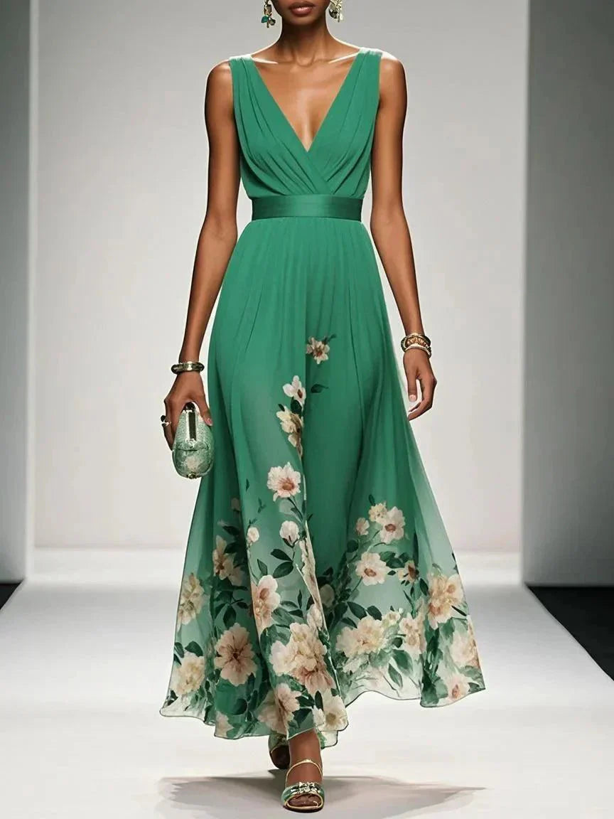 Women’s Floral Maxi Dress - V Neck Sleeveless