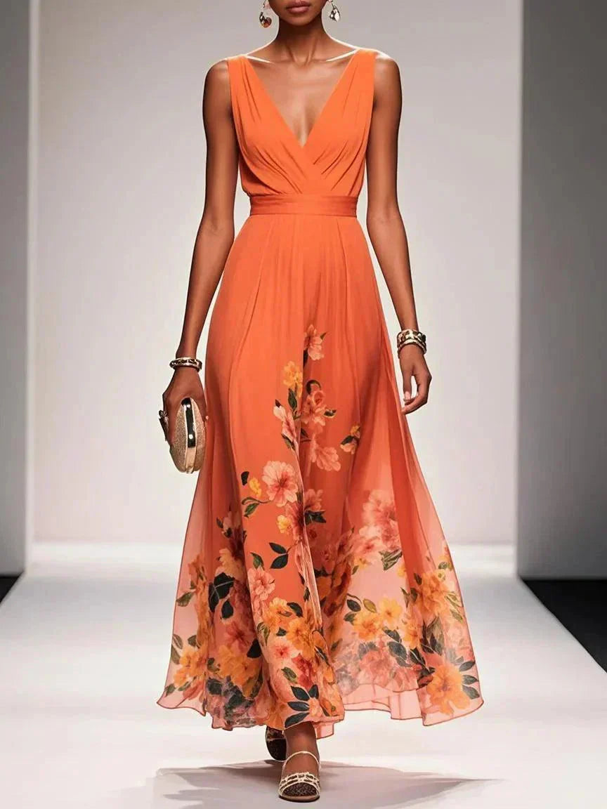 Women’s Floral Maxi Dress - V Neck Sleeveless