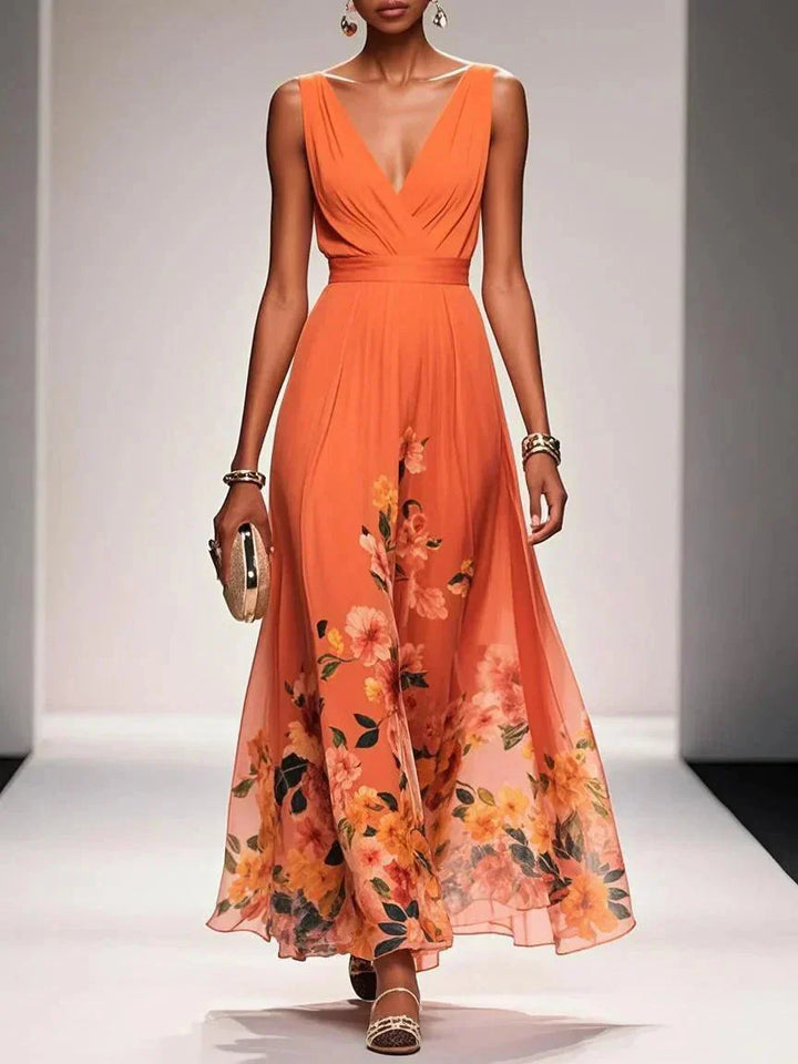 Women’s Floral Maxi Dress - V Neck Sleeveless