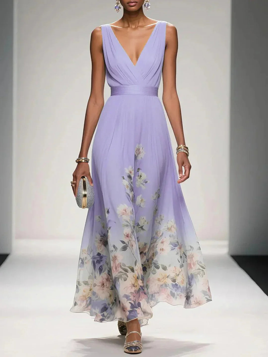 Women’s Floral Maxi Dress - V Neck Sleeveless