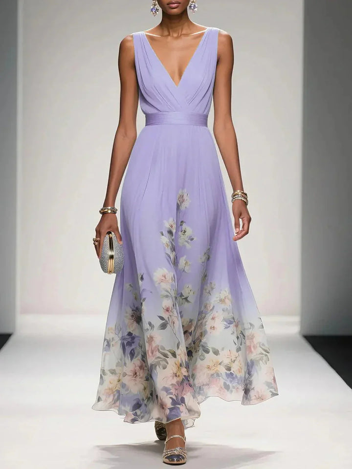 Women’s Floral Maxi Dress - V Neck Sleeveless