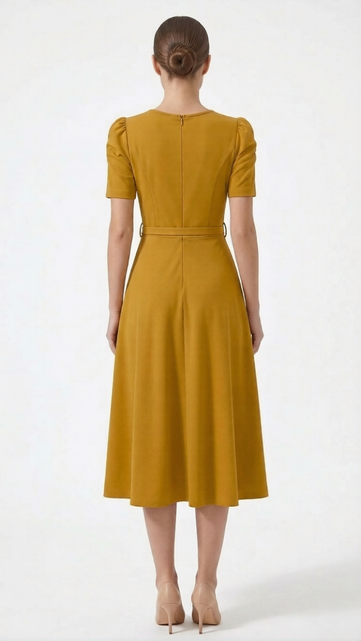 Women's Royal Midi Dress - Elegant Belted A-Line