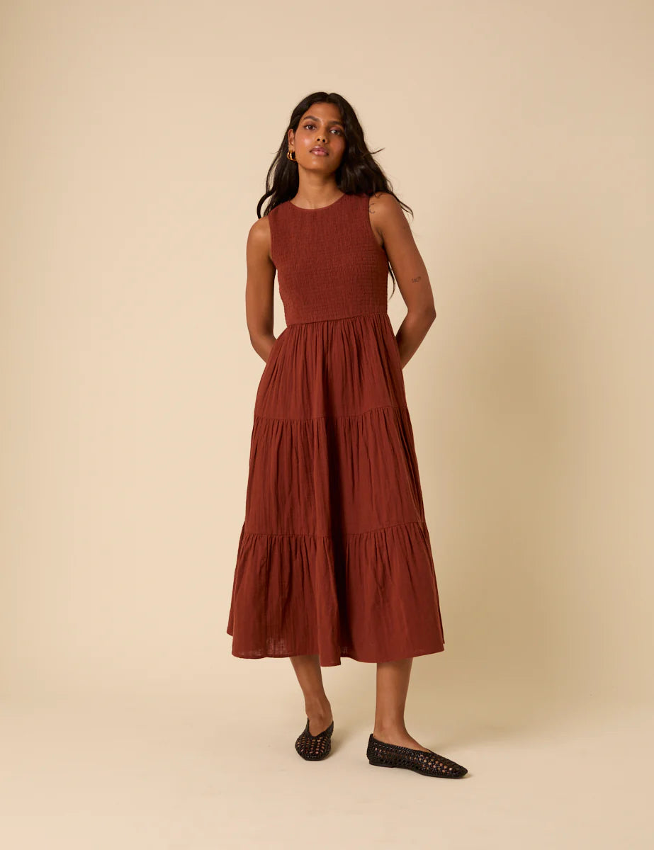 Smocked Cotton Midi Dress - Tiered A-Line Summer Party