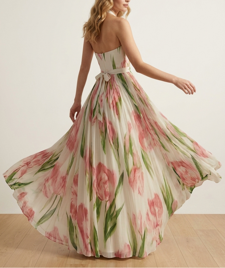 Chiffon Halter Maxi Dress - Floral Wedding Guest Pleated