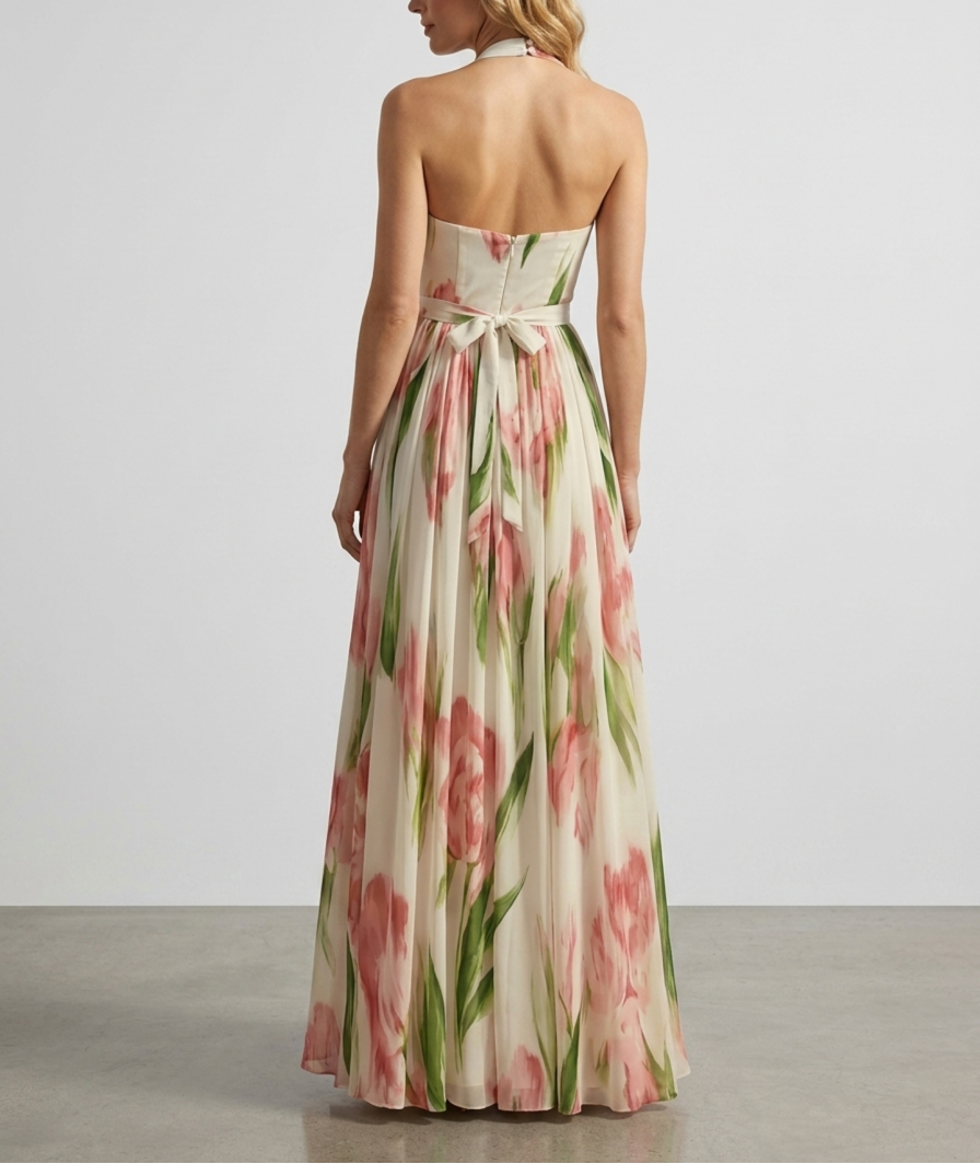 Chiffon Halter Maxi Dress - Floral Wedding Guest Pleated
