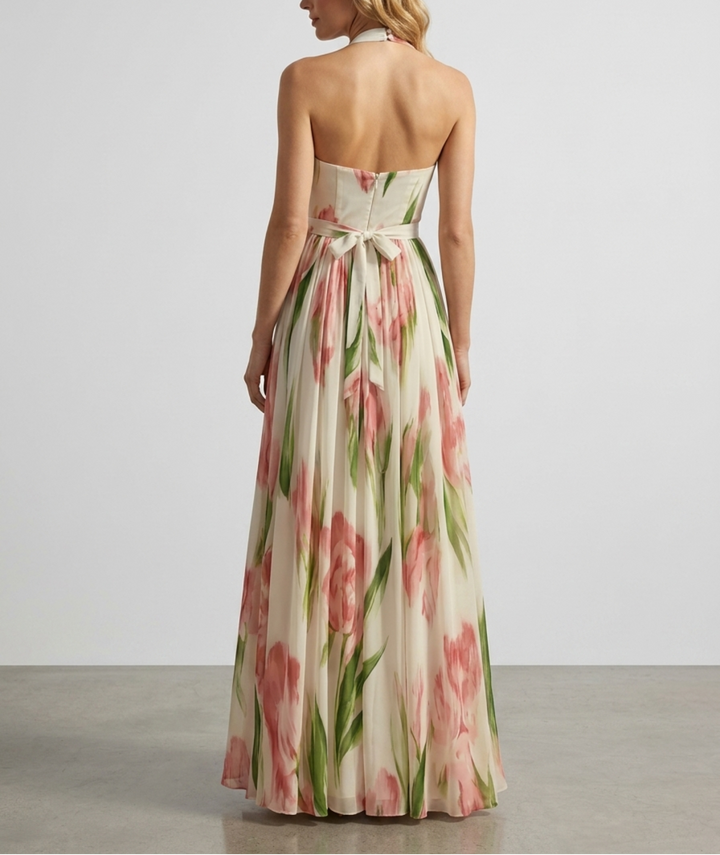 Chiffon Halter Maxi Dress - Floral Wedding Guest Pleated