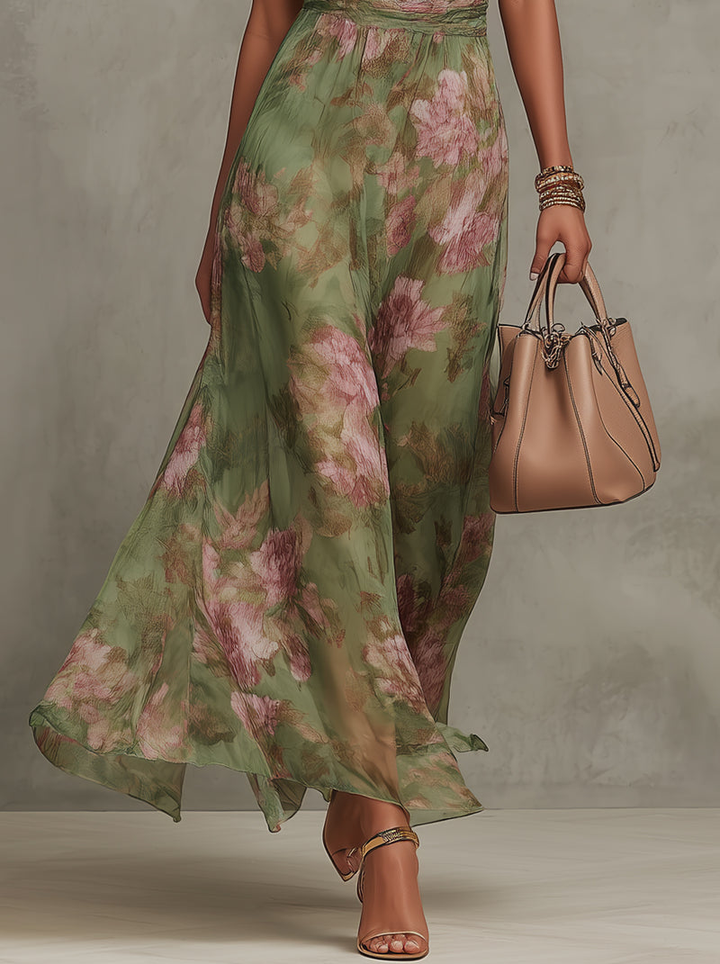 Chiffon Floral Maxi Dress - Halter Neck Wedding Guest Garden Party
