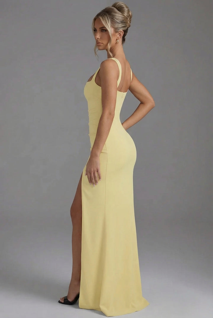 Women’s Elegant Satin Maxi Dress - Open Back Split Wedding Guest